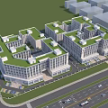 Aerial View Planning Of Twin Buildings With Green Roofs And Road Network