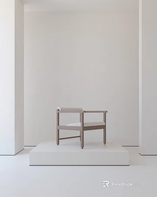 Minimalist Leisure Chair with Light Colored Cushion and Wooden Frame on Display Platform 3d model 