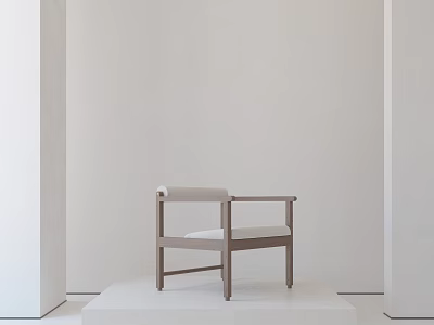 Minimalist Leisure Chair with Light Colored Cushion and Wooden Frame on Display Platform 3d model