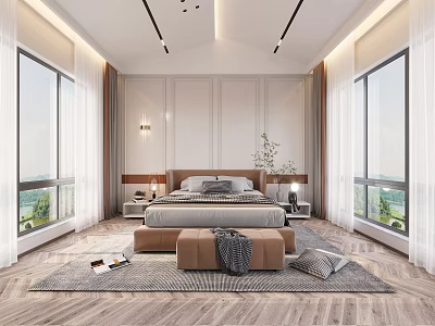 Modern Bedroom Interior With Large Bed Nightstands Large Windows Wooden Flooring Wall Paneling And Rug 3d model