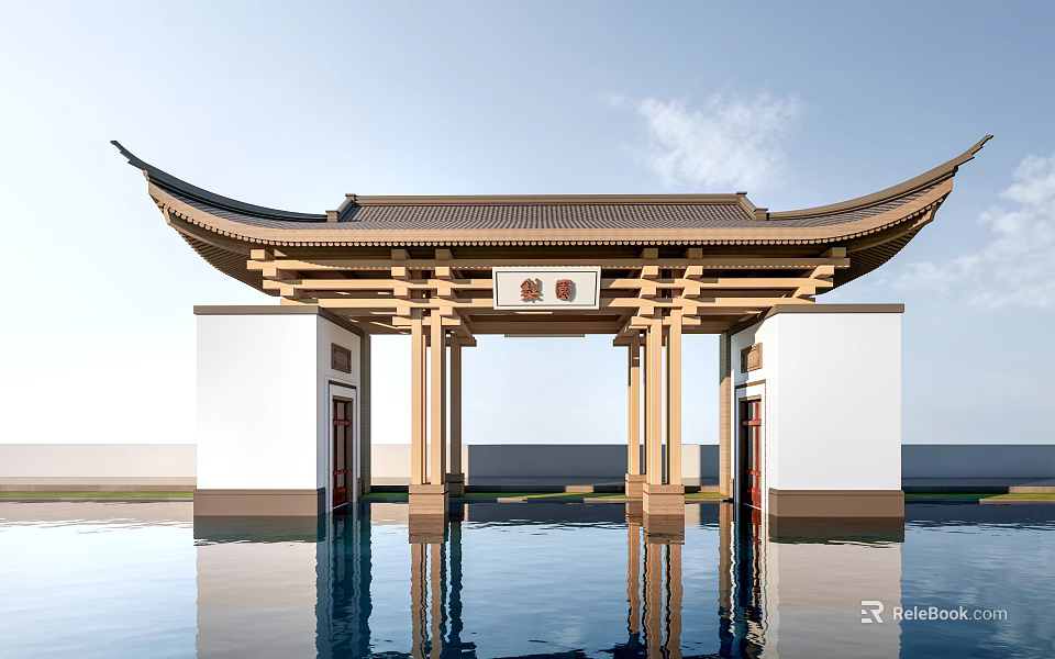 Elegant Traditional Chinese Archway Design With Water Pool And Reflection 3d model 