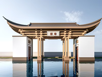 Elegant Traditional Chinese Archway Design With Water Pool And Reflection 3d model