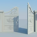 Wrought Iron Entrance Gate with Intricate Carvings Arched Top Green Foliage and Side Lanterns Design