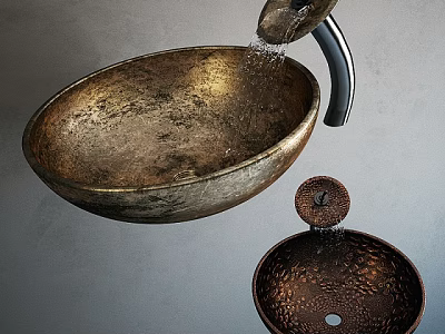 Vintage Textured Copper Washbasin Design With Wall Mounted Faucet And Drain 3d model