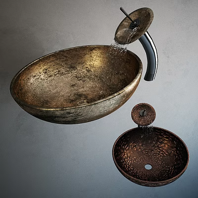 Vintage Textured Copper Washbasin Design With Wall Mounted Faucet And Drain 3d model