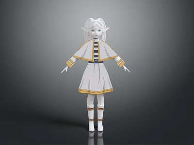 Elf Character with Pointed Ears in White Outfit and Yellow Trim Standing Pose 3d model