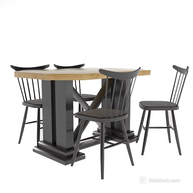 Modern Style Dining Table Set with Wooden Tabletop and Black Chairs 3d model 