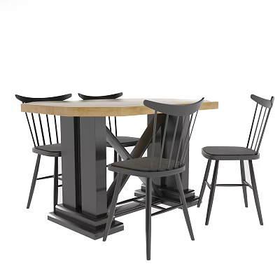 Modern Style Dining Table Set with Wooden Tabletop and Black Chairs 3d model