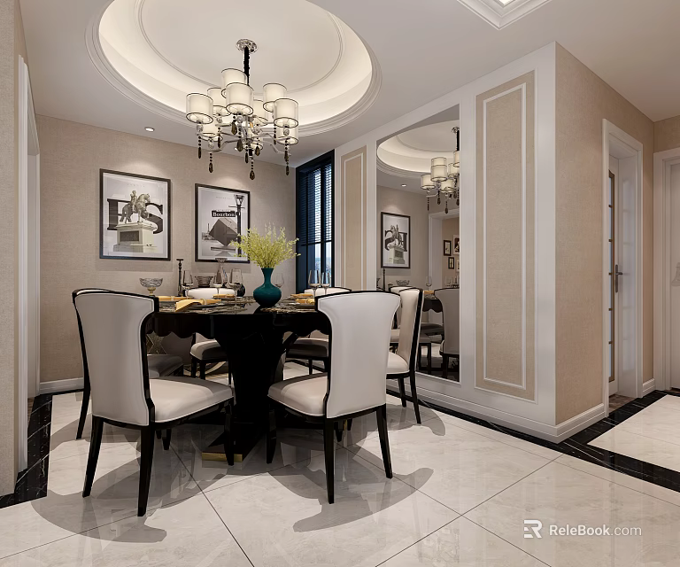 Elegant Dining Room Interior With Round Chandelier Black Table White Chairs Mirror And Decorative Paintings 3d model 