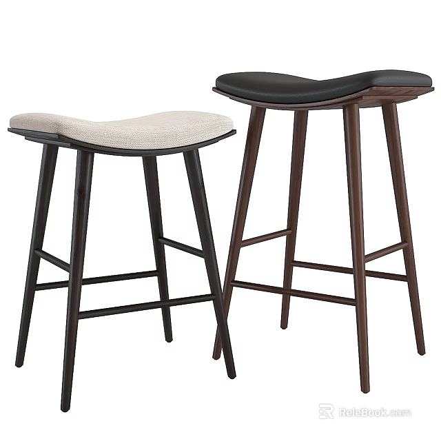 Modern Bar Stools With Black Beige Upholstered Seats And Wooden Legs 3d model 