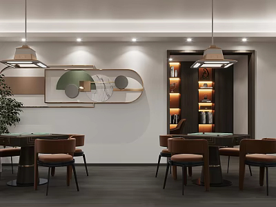 Hotel Mahjong Room Interior Featuring Modern Pendant Lights Decorative Wall Art And Comfortable Chairs 3d model