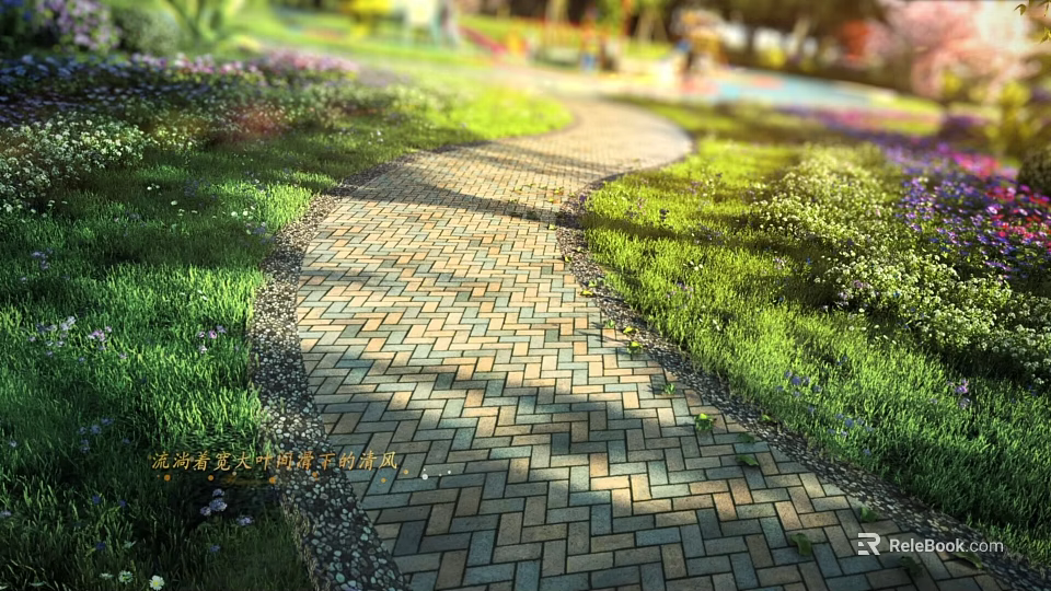 Municipal Road Design With Brick Paved Surface Lush Green Grass And Colorful Flower Beds 3d model 