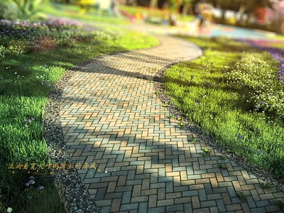 Municipal Road Design With Brick Paved Surface Lush Green Grass And Colorful Flower Beds 3d model