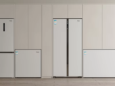 Modern Minimalist Kitchen Interior With Double Door Refrigerator And Small Freezers Against Cabinetry 3d model