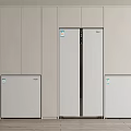Modern Minimalist Kitchen Interior With Double Door Refrigerator And Small Freezers Against Cabinetry