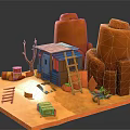 Cartoon Scene With Orange Rocks Small Cabin Ladder Red Barrels Dried Tree And Green Plant