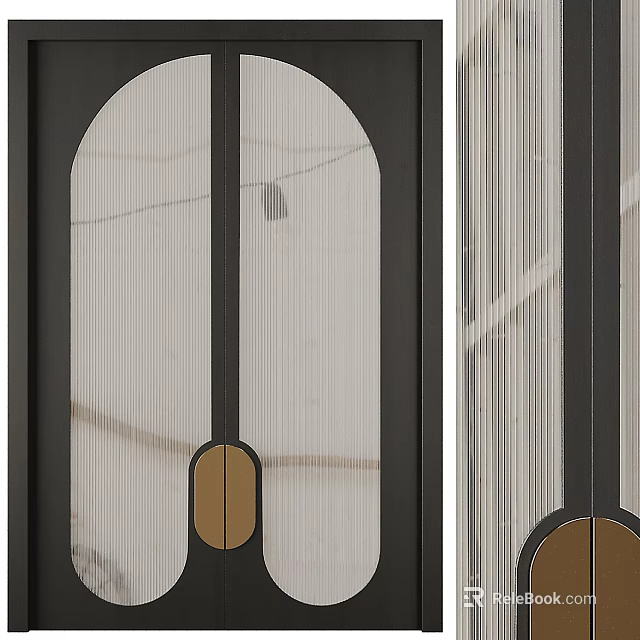 Modern Double Doors With Ribbed Glass Metal Frames And Gold Circular Handles 3d model 