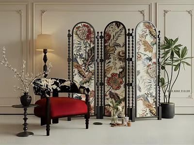 Elegant Accent Chair With Red Cushion And Floral Screen In Decorative Interior 3d model