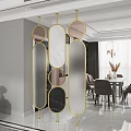 Elegant Gold Frame Room Divider With Various Shaped Marble Glass Panels In Modern Living Room