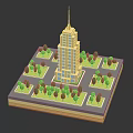 Tall Modern Building With Spire And Green Trees On Square Platform Base 3d model
