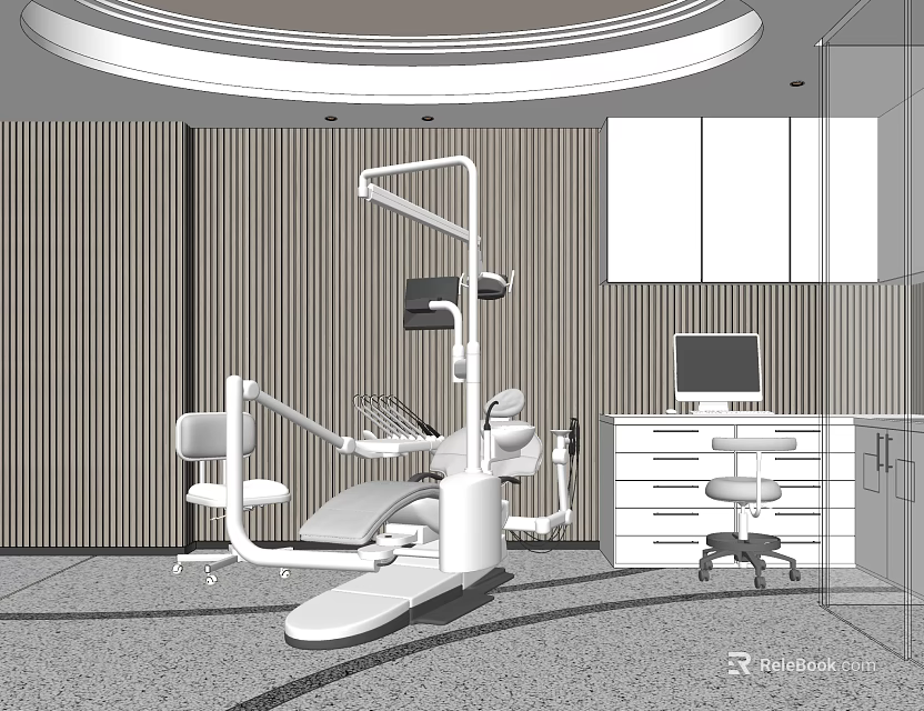 Modern Dental Clinic Interior With Treatment Chair Equipment And Striped Wall Design 3d model 