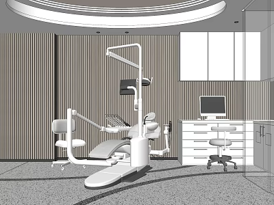 Modern Dental Clinic Interior With Treatment Chair Equipment And Striped Wall Design 3d model