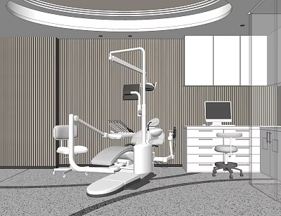 Modern Dental Clinic Interior With Treatment Chair Equipment And Striped Wall Design 3d model