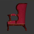 Red Upholstered Armchair With Gold Trim Wooden Arms And Legs Design