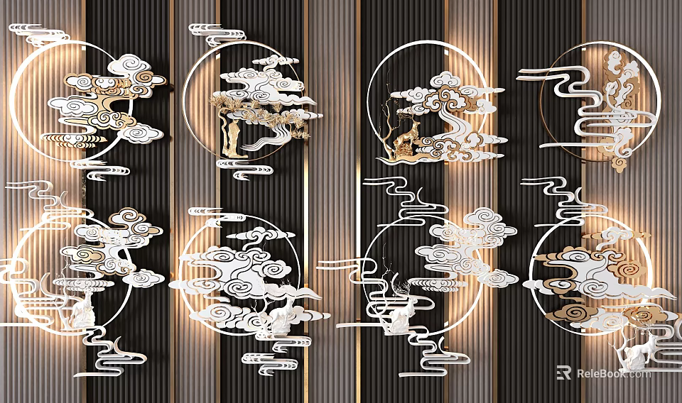 Chinese Style Wall Decor With Cloud Patterns Tree And Deer 3d model