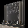Elegant TV Wall Design With Marble Texture Vertical Stripes And Decorative Cabinet 3d model