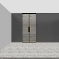 Modern Double Doors With Wooden Texture Gold Frame Against Gray Walls