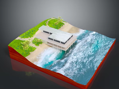 Modern Coastal Building On Stilts By Beach With Turquoise Water And Lush Vegetation 3d model