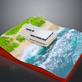 Modern Coastal Building On Stilts By Beach With Turquoise Water And Lush Vegetation