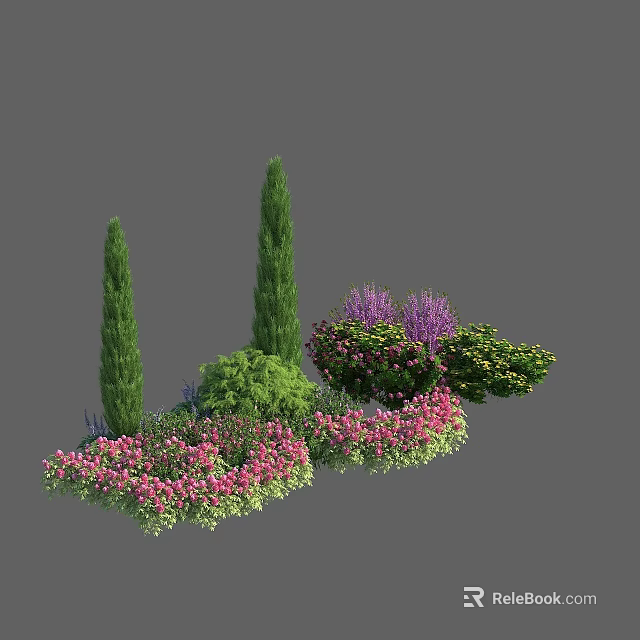 Colorful Garden Shrubs With Pink Purple Yellow Flowers In Lush Landscape Design 3d model 