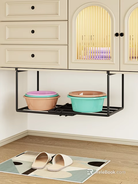 Black Metal Under Cabinet Storage Shelf with Two Covered Bowls for Kitchen Organization 3d model 