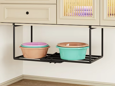 Black Metal Under Cabinet Storage Shelf with Two Covered Bowls for Kitchen Organization 3d model