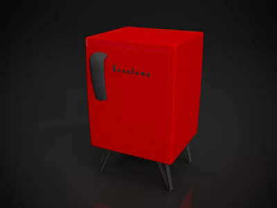 Red Everflame Refrigerator Freezer with Black Handle Square Design on Dark Background with Metal Legs 3d model