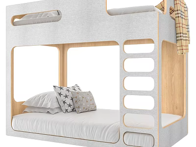Modern Bunk Bed With Light Gray Frame Wooden Ladder Steps And Pillows On Lower Bunk 3d model