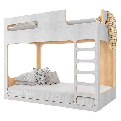 Modern Bunk Bed With Light Gray Frame Wooden Ladder Steps And Pillows On Lower Bunk 3d model