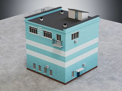 Blue And White Striped Two Story Office Building With Windows Balcony And Roof Structure 3d model