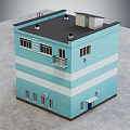 Blue And White Striped Two Story Office Building With Windows Balcony And Roof Structure