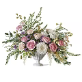 Elegant White Vase With Pink Roses White Dahlias Purple Blooms And Green Leaves