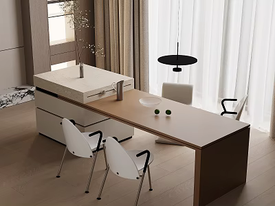 Elegant Modern Interior With Wooden Island Table And White Dining Chairs 3d model
