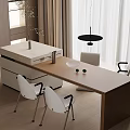 Elegant Modern Interior With Wooden Island Table And White Dining Chairs