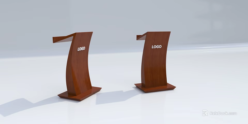 Two Wooden Functional Desks with Curved Design and Logo Display on Stable Base 3d model 