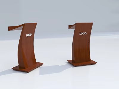 Two Wooden Functional Desks with Curved Design and Logo Display on Stable Base 3d model