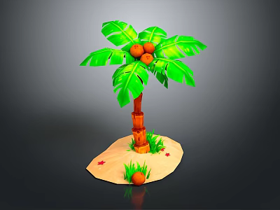Green Leaf Palm Tree With Brown Trunk And Three Coconuts On Sand Base 3d model