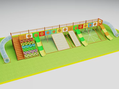 Kids Playground With Green Ground Orange Railings Hoops Slides Net Ropes And Wooden Planks 3d model