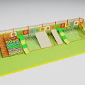 Kids Playground With Green Ground Orange Railings Hoops Slides Net Ropes And Wooden Planks
