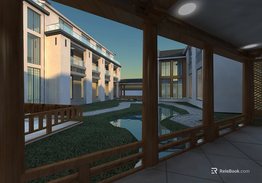 Chinese Style Architecture Courtyard with Hinged Doors Green Plants and Pond 3d model 